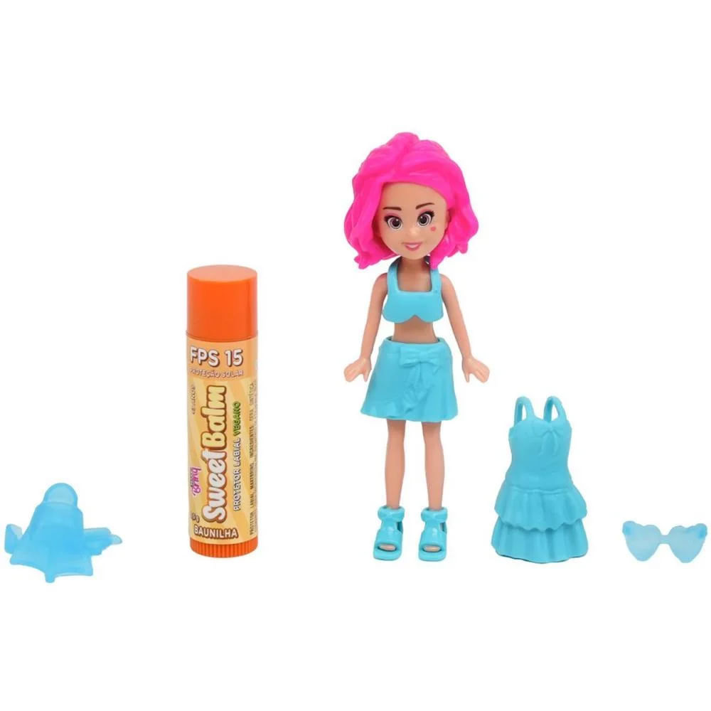 Kit Boneca Com Acessórios e Protetor Labial 5 Peças Makebrinq Polibrinq