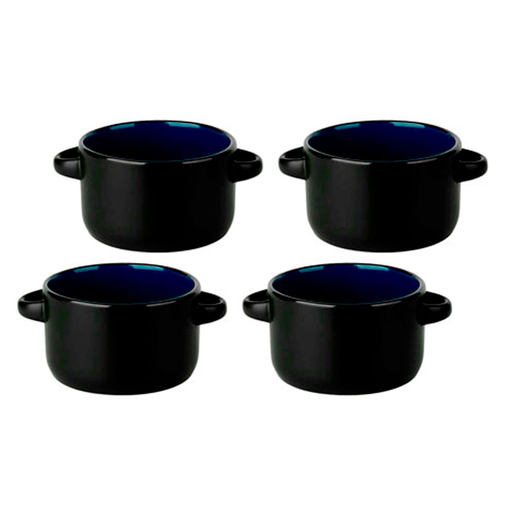 Conjunto 4 Mini Cocottes Panelinha Com Alça Cerâmica 310ml Azul Wellmix